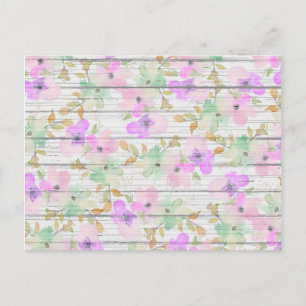 Carte Postale Bois Blanc Rustique Fleurs Vert Menthe Rose Pâle