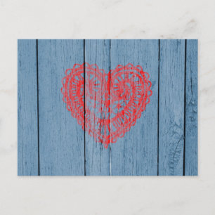 Carte Postale Bois Bleu vintage Et Coeur De Dentelle Rouge