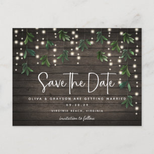 Carte Postale Bois Chaîne Lumières Script Mariage Enregistrer la