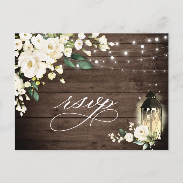 Carte Postale Bois & Roses Blanches Mariage RSVP avec choix de r (Devant)