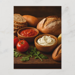 Carte Postale Bois rustique avec fromage artisanal pains