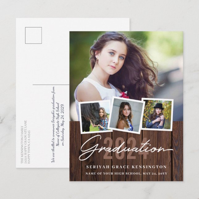 Carte Postale Bois rustique Chaque année Graduation 4 Photo (Devant / Derrière)