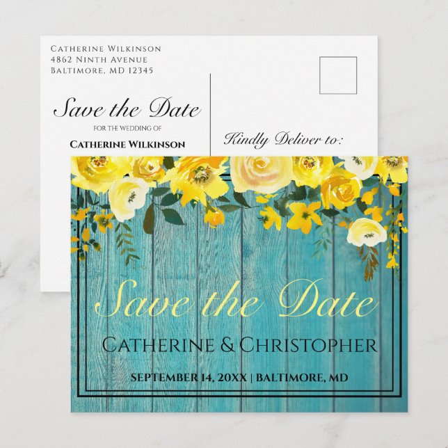 Carte Postale Bois rustique Enregistrer la date Rose Faire-part  (Devant / Derrière)