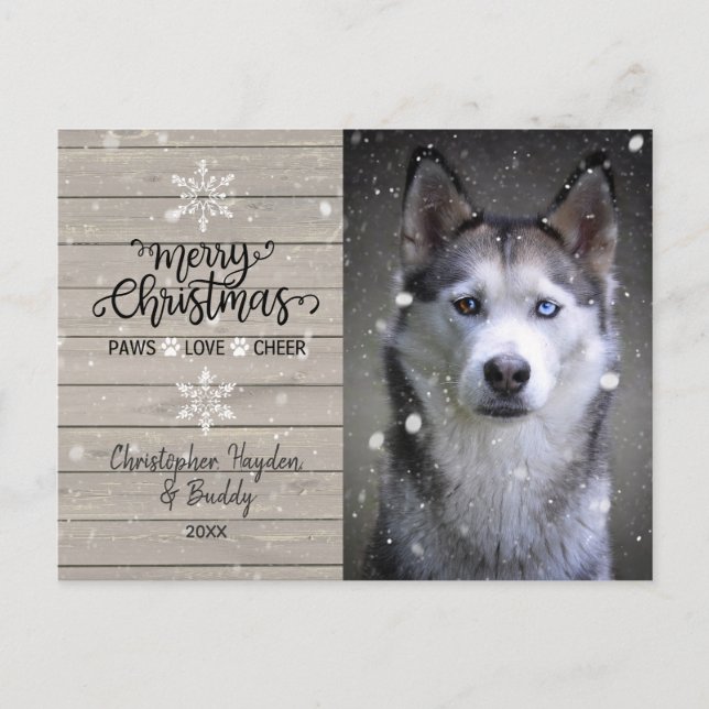 Carte Postale Bois rustique et flocons de neige Photo Chien de N (Devant)