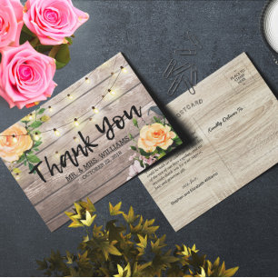 Carte Postale Bois rustique Floral Chaîne Lumières Mariage Merci
