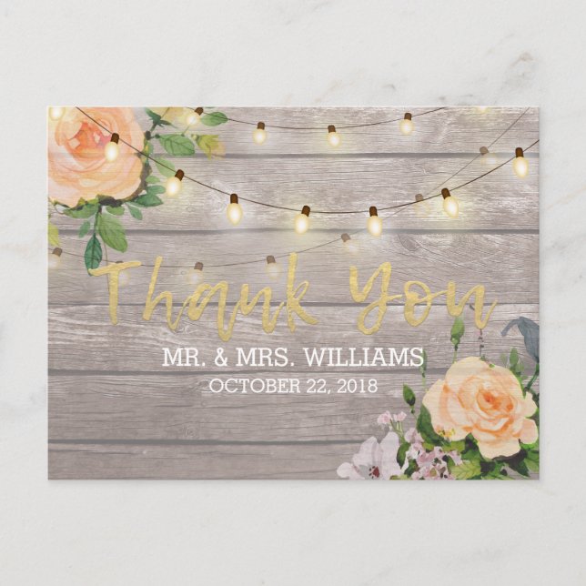 Carte Postale Bois rustique Floral Chaîne Lumières Mariage Merci (Devant)