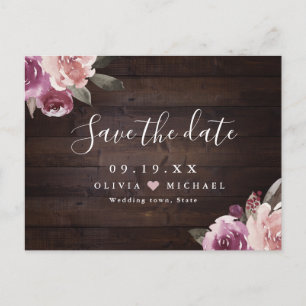 Carte Postale Bois rustique mauve fleuri sauvez la date