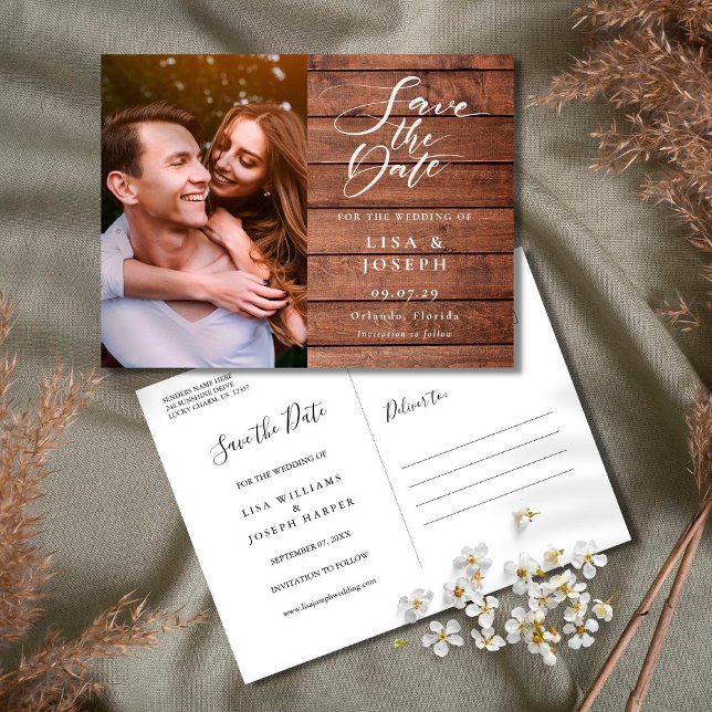 Carte Postale Bois rustique Script photo mariage Enregistrer la  (Créateur téléchargé)