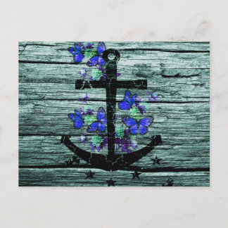 Carte Postale Bois vintage & Ancre Noire Avec Papillons Bleus