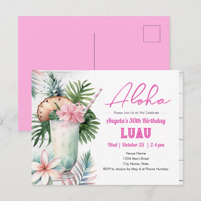 Carte Postale Boisson tropicale Aloha Luau Anniversaire Adulte (Devant / Derrière)