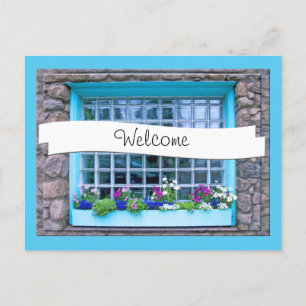 Carte Postale Boîte de fenêtre bleue avec fleurs Photographie pe