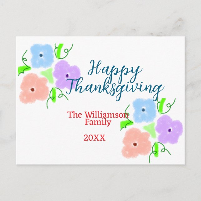 Carte Postale Bon thanksgiving bleu violet rose ajouter famille  (Devant)