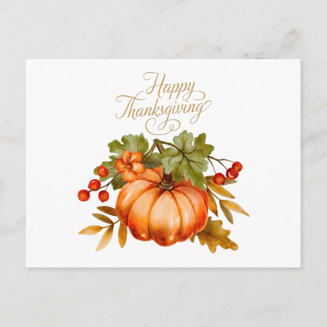 Carte Postale Bon thanksgiving Citrouille aquarelle et baies (Devant)