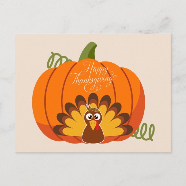 Carte Postale Bon thanksgiving mignonne Turquie et Citrouille (Devant)