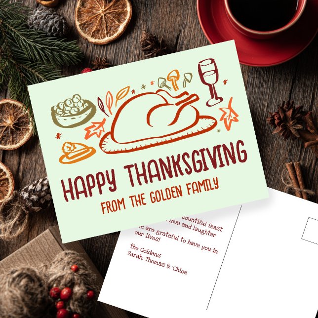 Carte Postale Bon thanksgiving Whimsgiving sur mesure (Whimsical Happy Thanksgiving Friendsgiving Doodle Sketch Hand-drawn Custom Postcard
)