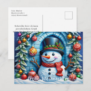 Carte Postale Bonhomme de neige avec décor de Noël.