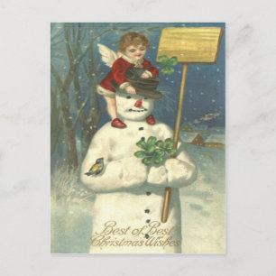 Carte Postale Bonhomme de neige Chérubin souriant Trèfle Oiseau