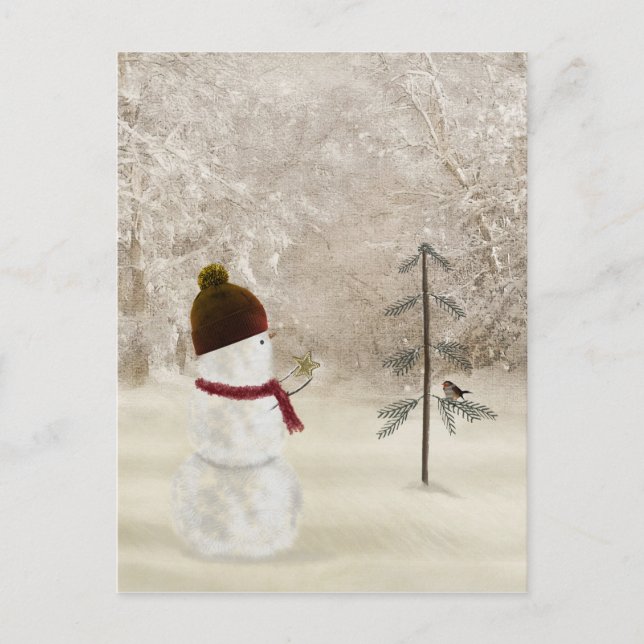 Carte Postale Bonhomme de neige de Noël avec étoile dorée (Devant)