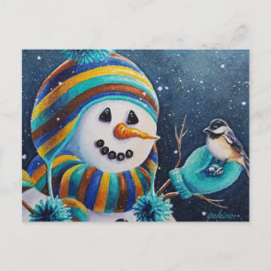 Carte Postale Bonhomme de neige d'hiver nourrissant un mésange à