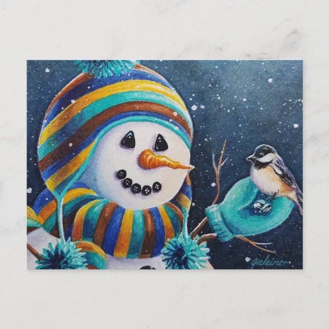 Carte Postale Bonhomme de neige d'hiver nourrissant un mésange à (Devant)