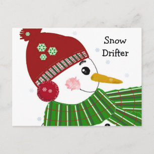 Carte Postale Bonhomme de neige en chapeau rouge et écharpe vert