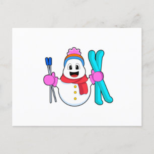 Carte Postale Bonhomme de neige en skieur avec ski