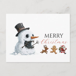 Carte Postale Bonhomme de neige maléfique aquarelle drôle Noël