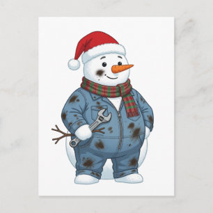 Carte Postale Bonhomme de neige Mécanicien Noël 2026 Fête Bleu C