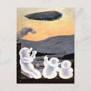 Carte Postale Bonhomme de neige saluant le zeppelin dans le ciel