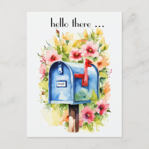 Carte Postale Bonjour,   Aquarelle de boîte aux lettres et fleur