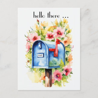 Carte Postale Bonjour, | Aquarelle de boîte aux lettres et fleur