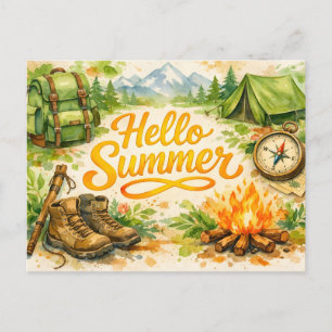 Carte Postale Bonjour aquarelle d'été pour le camping et la rand
