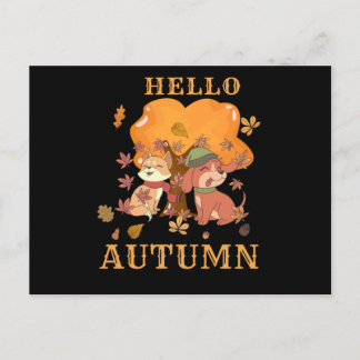 Carte Postale Bonjour Automne - Chien Chat Feuillage Feuilles Au