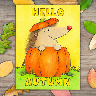 Carte Postale Bonjour Automne - Hérisson Mignon dans une Citroui