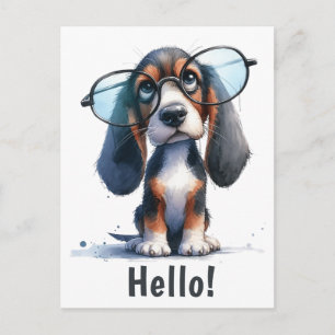 Carte Postale Bonjour   Drôle de chiot Basset Hound 