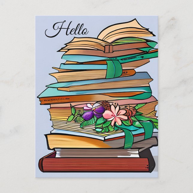 Carte Postale Bonjour, Garder contact | Pile de livres (Devant)