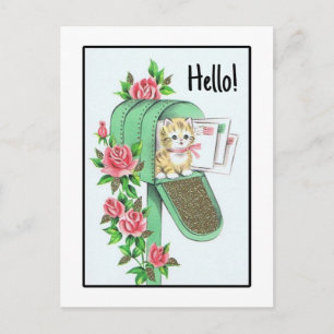 Carte Postale Bonjour ! Kitten vintage dans boîte aux lettres ve
