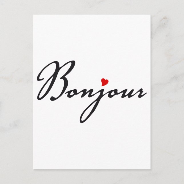 Carte Postale Bonjour, l'art des mots français au coeur rouge (Devant)