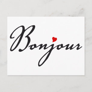Carte Postale Bonjour, l'art des mots français au coeur rouge