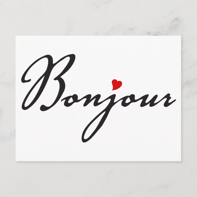 Carte Postale Bonjour, l'art des mots français au coeur rouge (Devant)