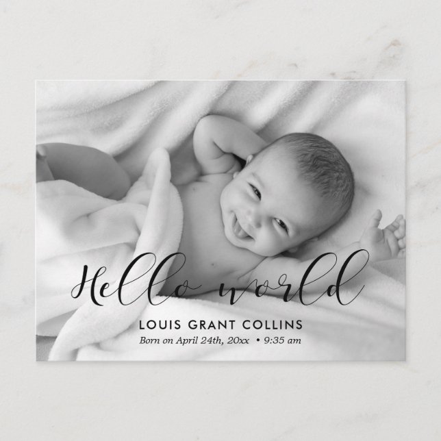 Carte Postale Bonjour le monde élégant faire-part de naissance p (Devant)