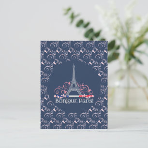 Carte Postale Bonjour Paris Tour Eiffel Motif Floral
