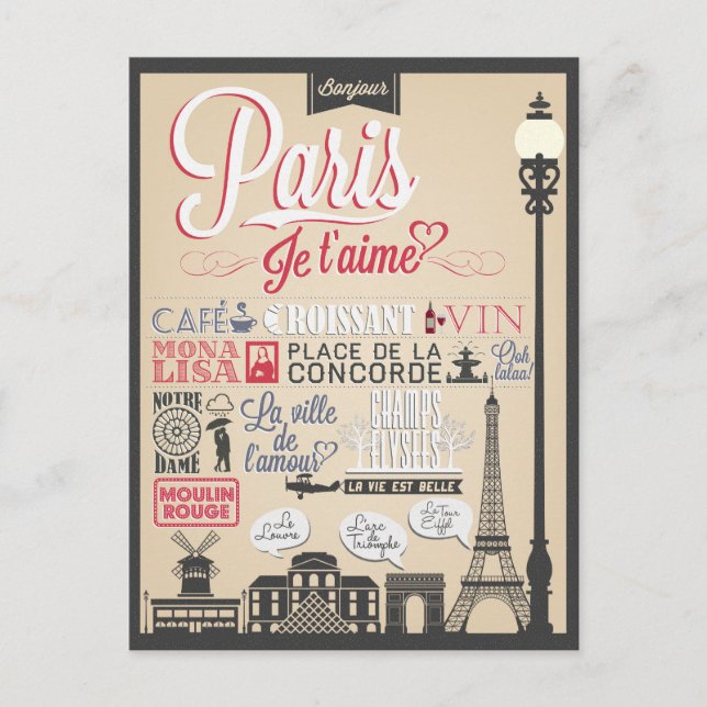 Carte Postale Bonjour Paris Vintage (Devant)