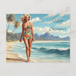 Carte Postale Bonjour Summer Retro Lady Walking sur la plage