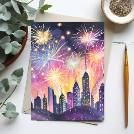 Carte Postale Bonne année | Aquarelle de nuit de la ville Firewo