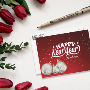 Carte Postale Bonne année   Baubles d'argent   Rouge