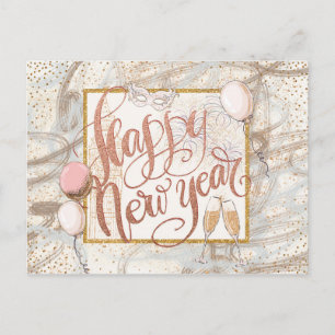 Carte Postale Bonne année Champagne, ballons, Confetti