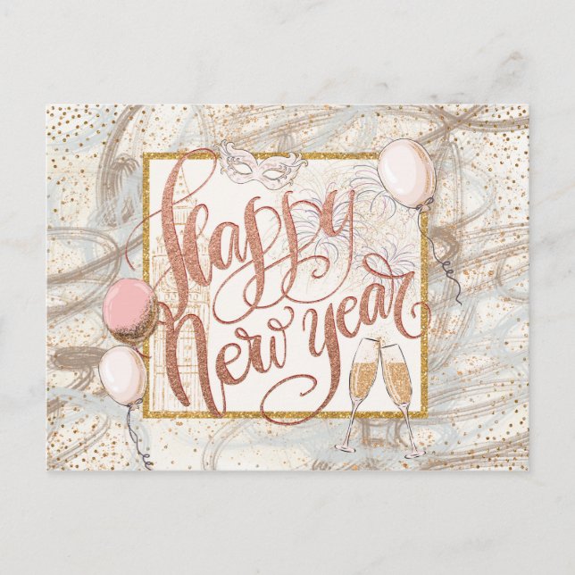 Carte Postale Bonne année Champagne, ballons, Confetti (Devant)