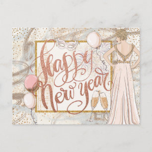 Carte Postale Bonne année Champagne, ballons, élégante Dame