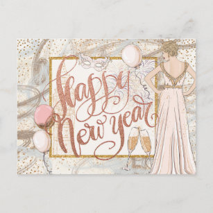 Carte Postale Bonne année Champagne, ballons, élégante Dame